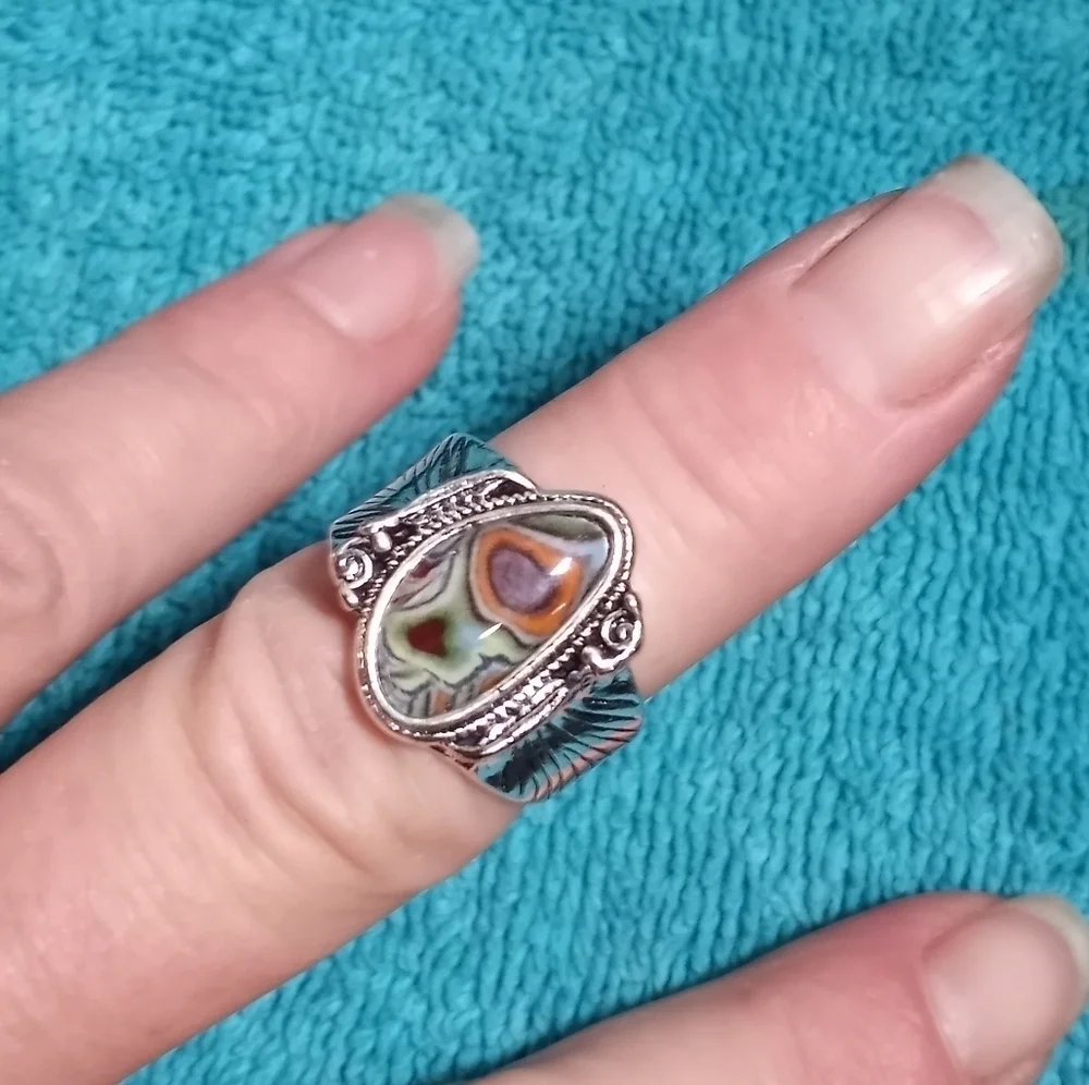 Silvertone Mulricolor Colorful Ring Intricate Design
